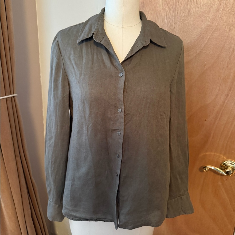 Mango Olive Button-Down Long Sleeve Shirt